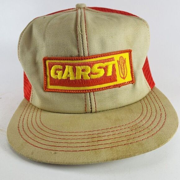 Garst Seed Corn Patch SnapBack Hat K-Products Farm Cap USA Tan Orange VTG Mesh - Picture 3 of 15